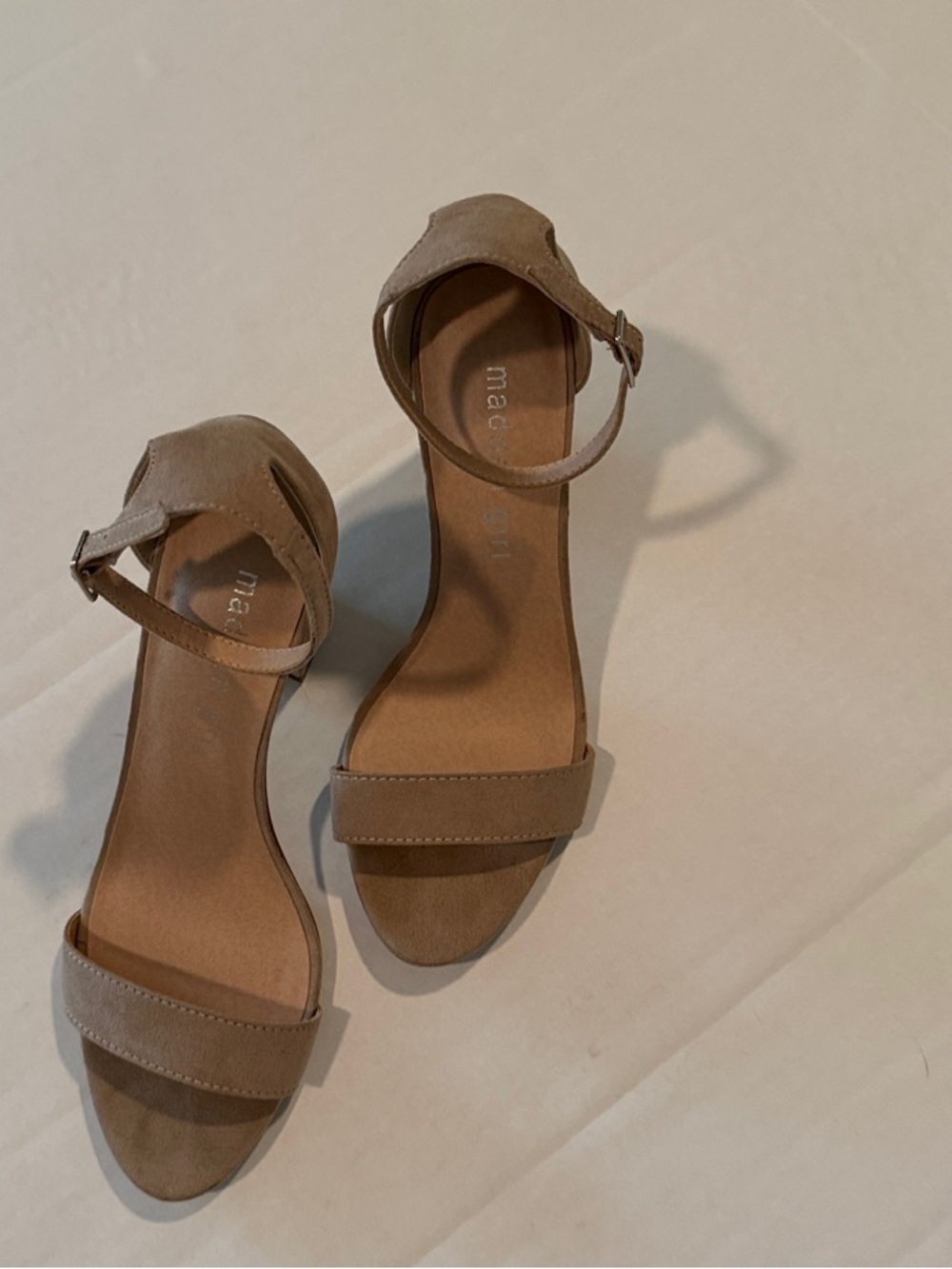 Madden Girl Bella Neutral Tan Ankle Strap Block Heels